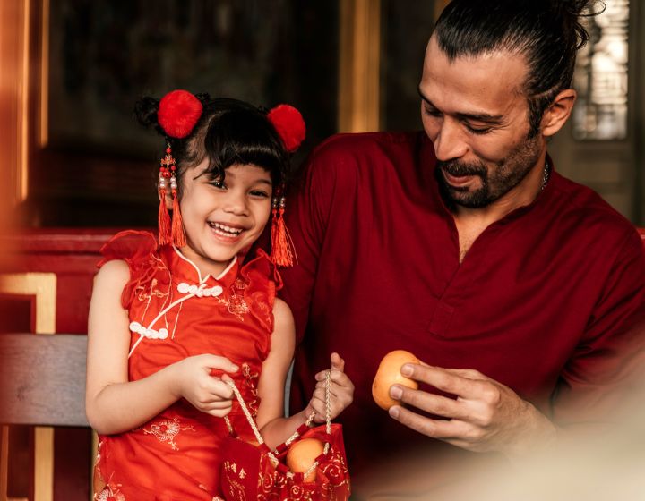 Father and daughter in traditional Chinese attire